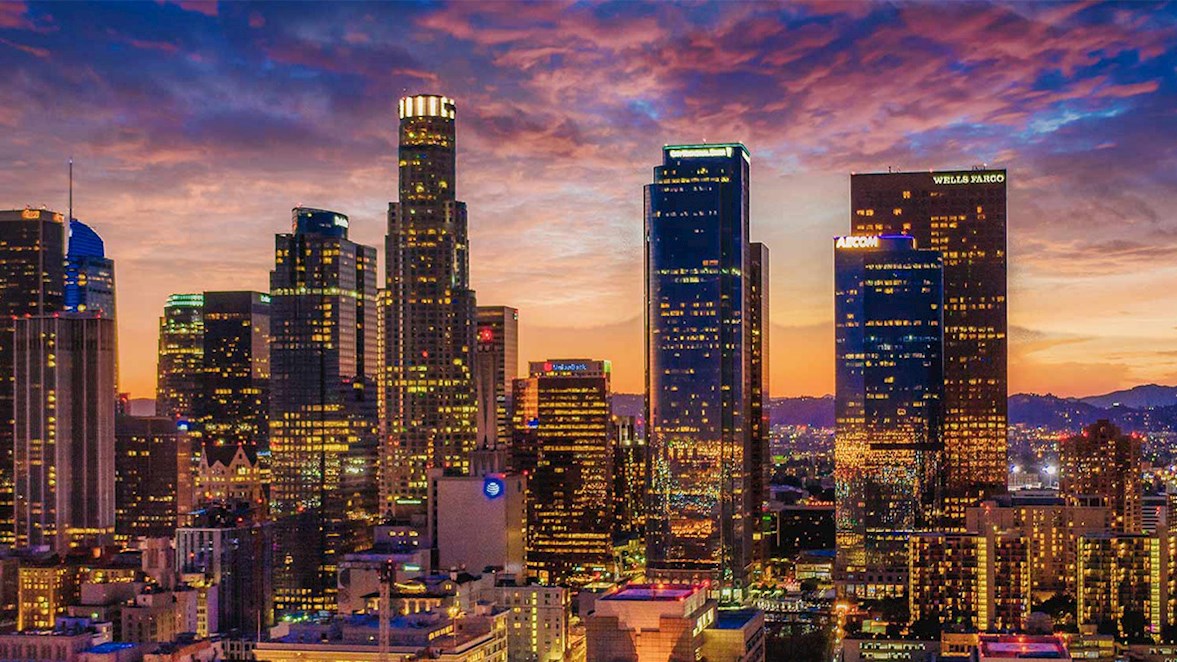 Los Angeles skyline at sunset