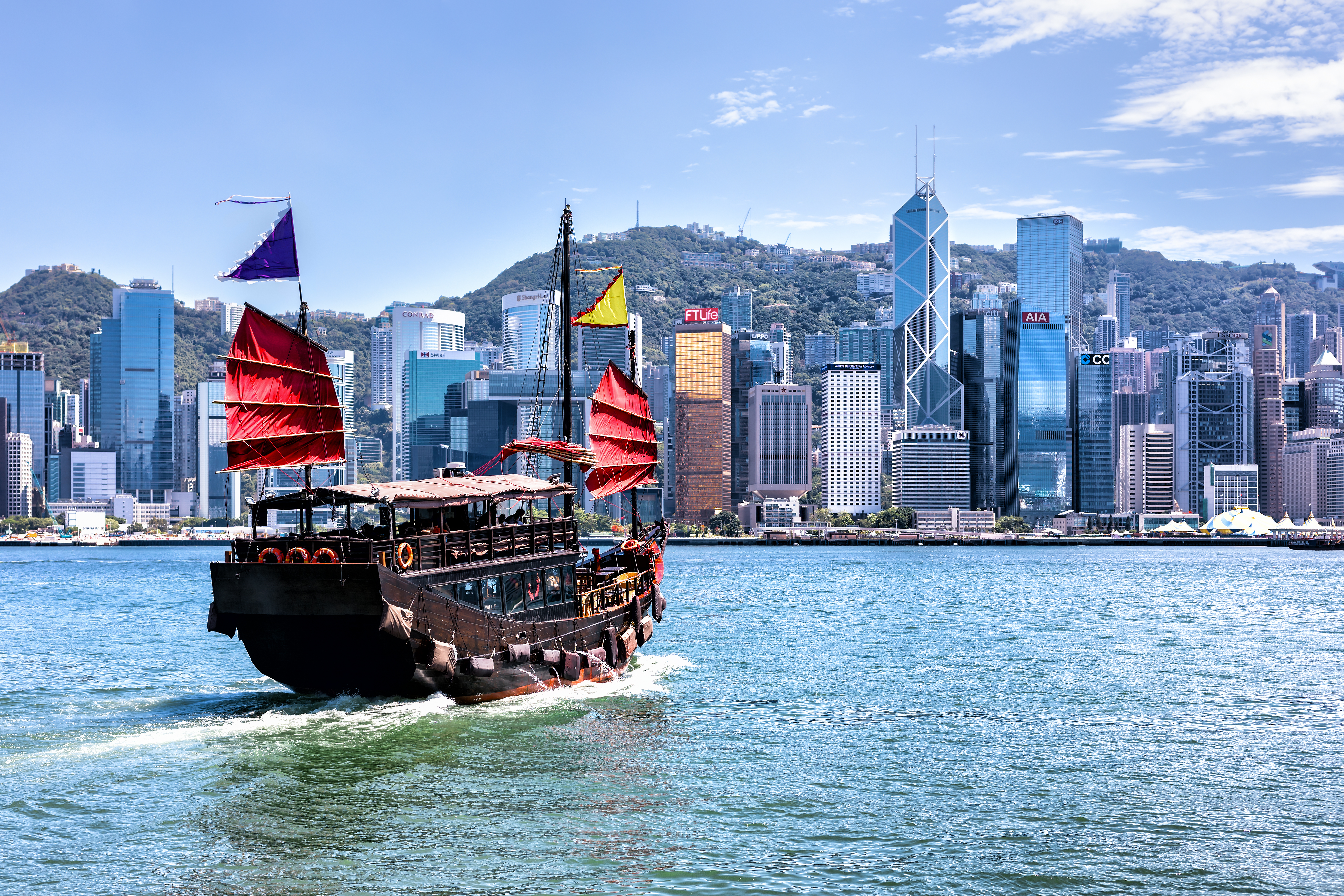 Hong Kong skyline with a boat in the foreground