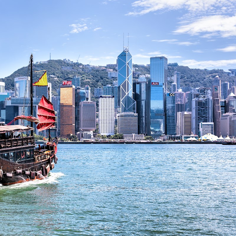 Hong Kong skyline with a boat in the foreground